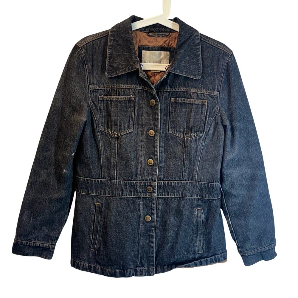 Nine West Jacket Womens Medium Black Denim Quilted Lined Notch Snap Western